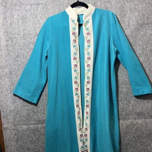 Vintage 60s‎ Sears Day Home Wear House Coat M Zip Robe Embroidered Turquoise - Picture 4 of 9